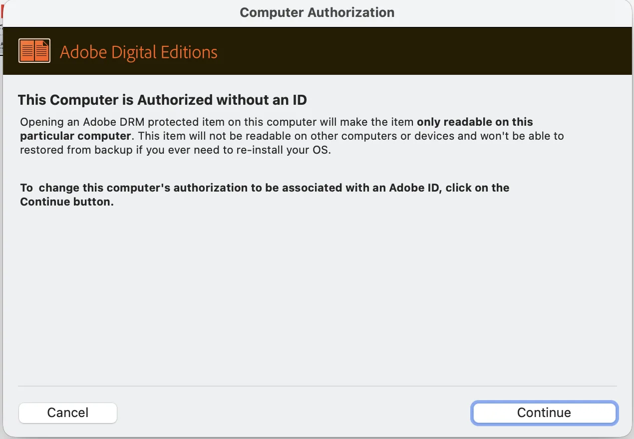 Adobe Digital Editions: This Computer is Authorized without an ID.