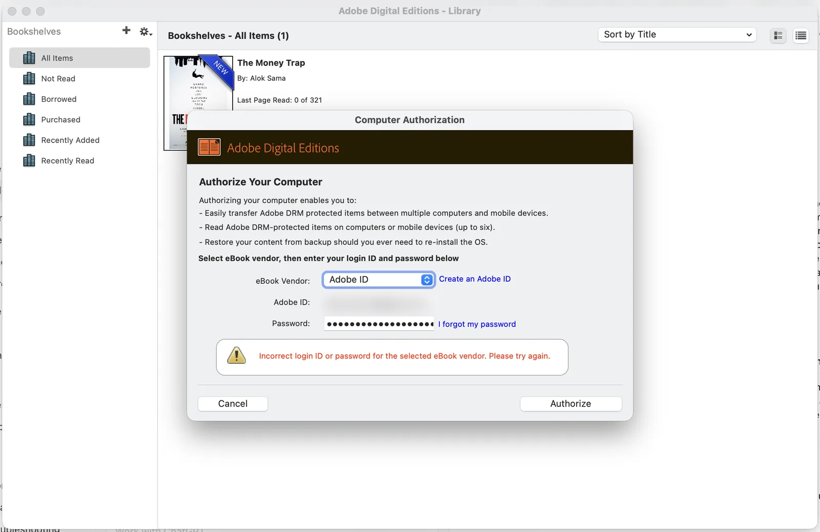 Adobe Digital Editions authorisation window: Incorrect login ID or password. Last Page Read: 0 of 321.