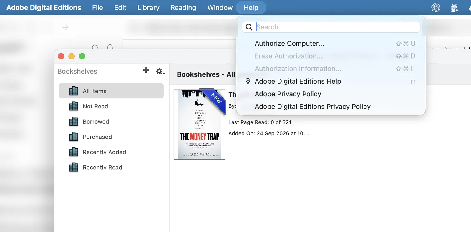 Adobe Digital Editions Help menu with Erase Authorization greyed out.
