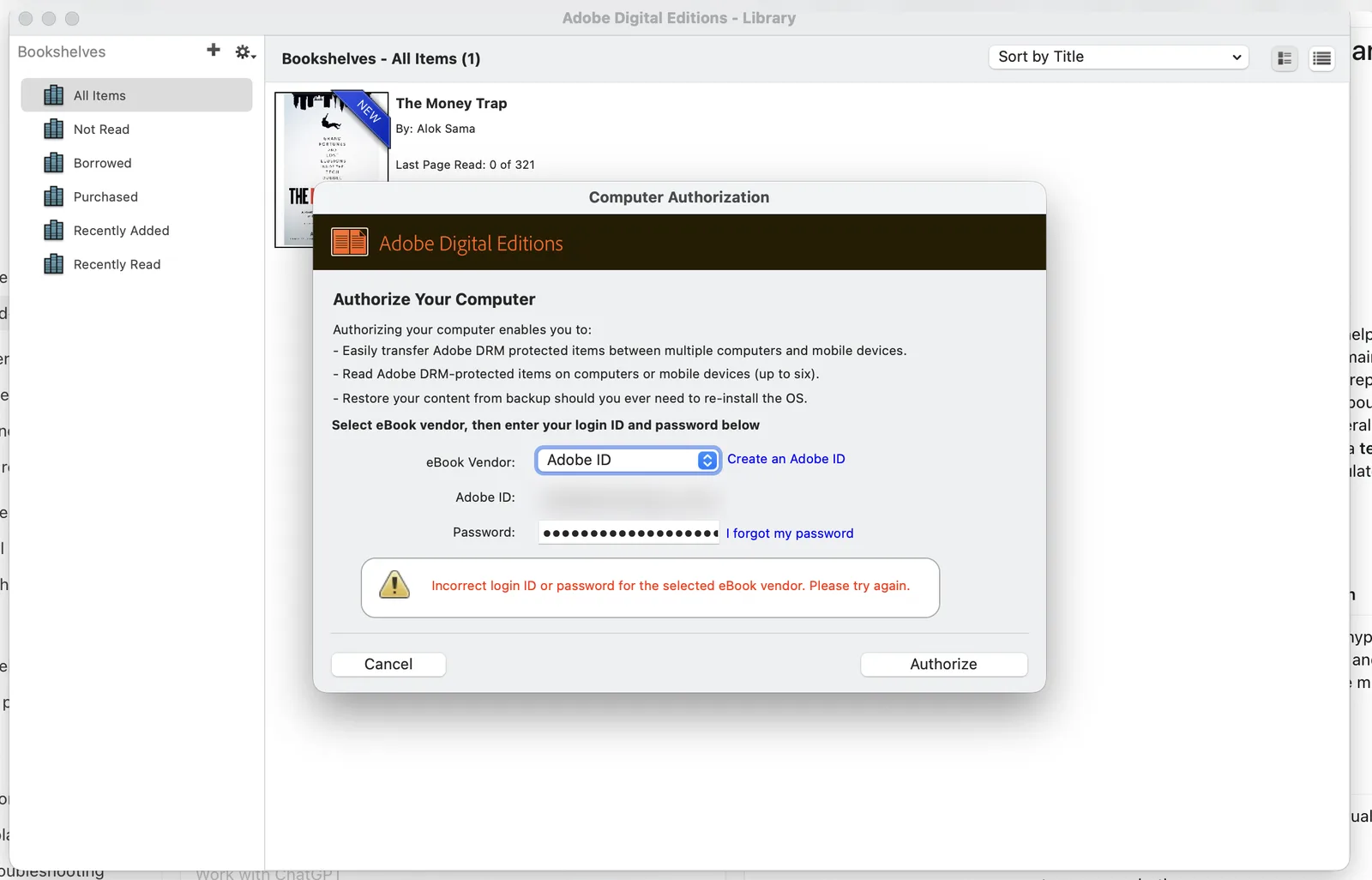 Adobe Digital Editions authorisation window, second email address, same error.