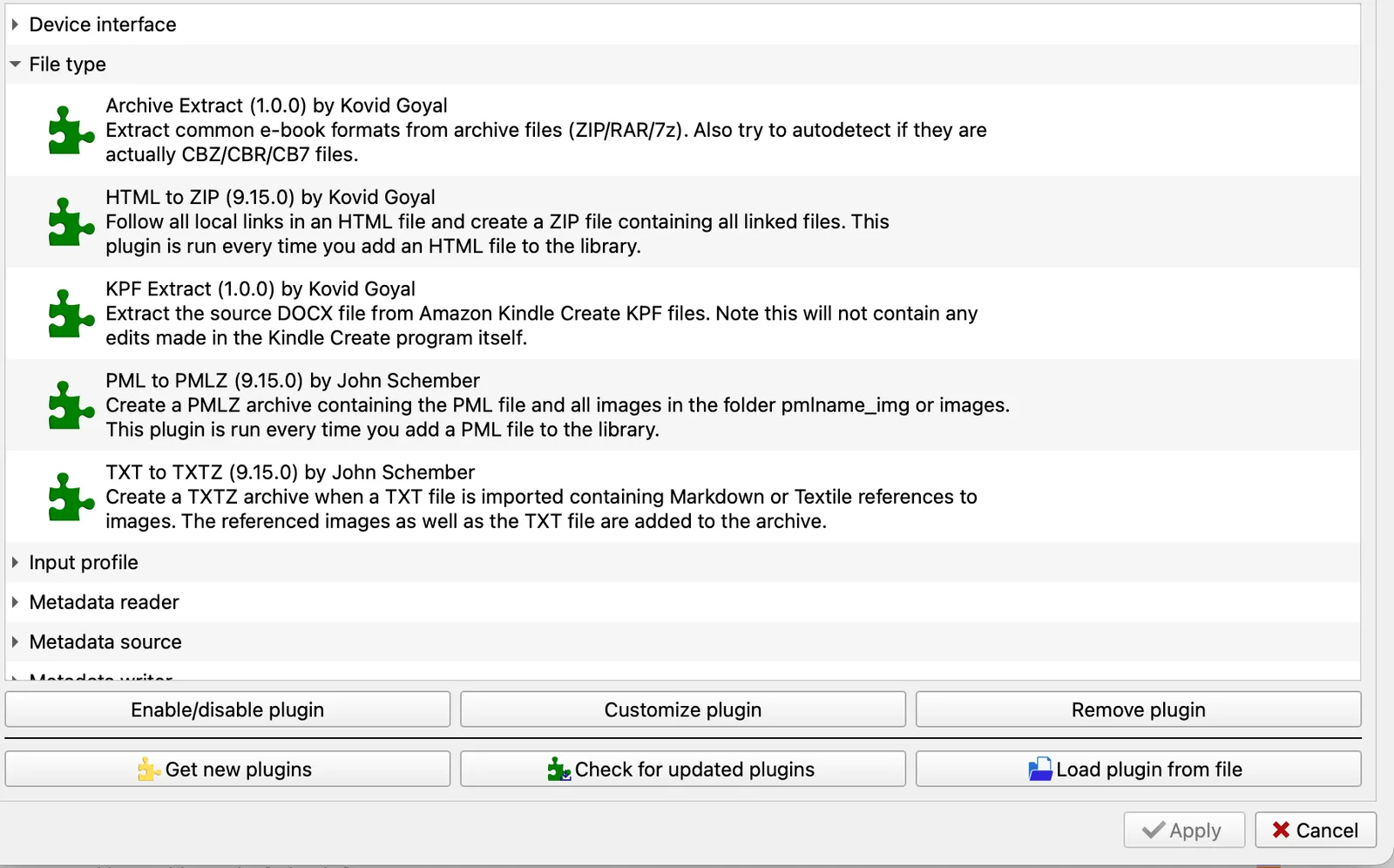 Calibre plugin list, File type section, with no DeACSM entry.